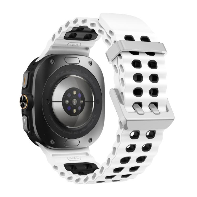 For Samsung Galaxy Watch Ultra / Ultra 2025 Ocean Two Color Dual-Row Hole Silver Buckle Silicone Watch Band(White Black) by bashfashion