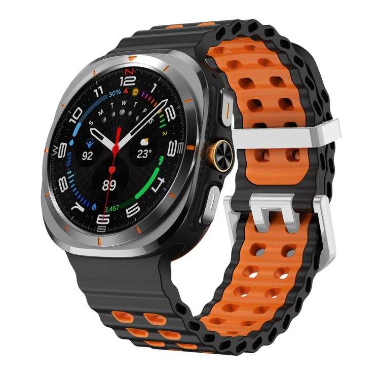 For Samsung Galaxy Watch Ultra / Ultra 2025 Ocean Two Color Dual-Row Hole Silver Buckle Silicone Watch Band(Black Orange) by bashfashion