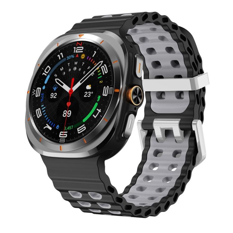 For Samsung Galaxy Watch Ultra / Ultra 2025 Ocean Two Color Dual-Row Hole Silver Buckle Silicone Watch Band(Black Grey) by bashfashion