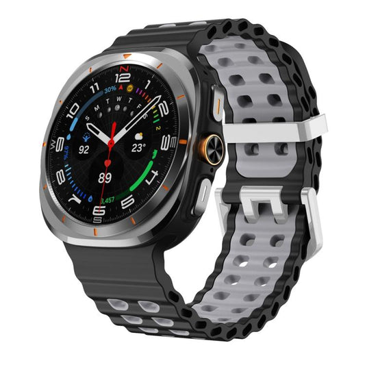 For Samsung Galaxy Watch Ultra / Ultra 2025 Ocean Two Color Dual-Row Hole Silver Buckle Silicone Watch Band(Black Grey) by bashfashion