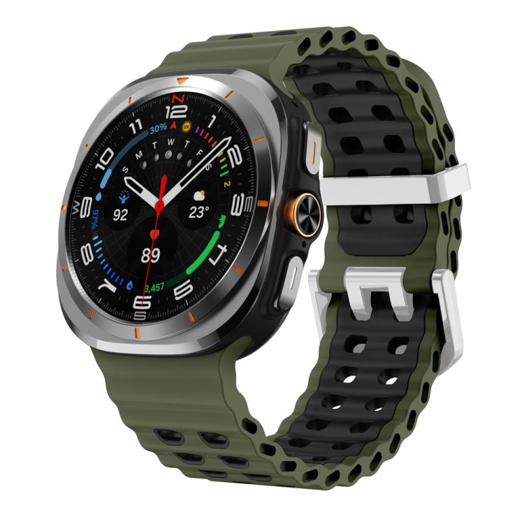 For Samsung Galaxy Watch Ultra / Ultra 2025 Ocean Two Color Dual-Row Hole Silver Buckle Silicone Watch Band(Army Green Black) by bashfashion