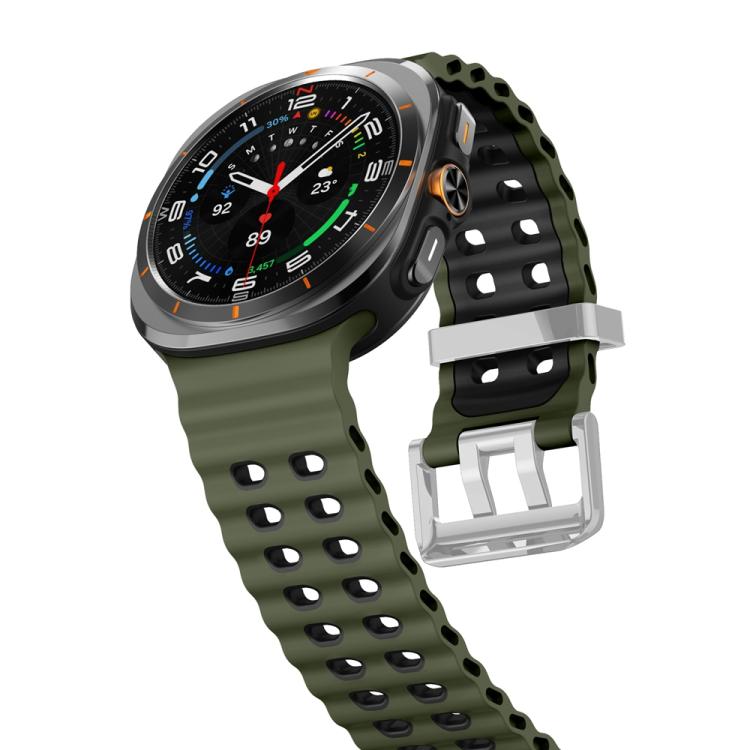 For Samsung Galaxy Watch Ultra / Ultra 2025 Ocean Two Color Dual-Row Hole Silver Buckle Silicone Watch Band(Army Green Black) by bashfashion