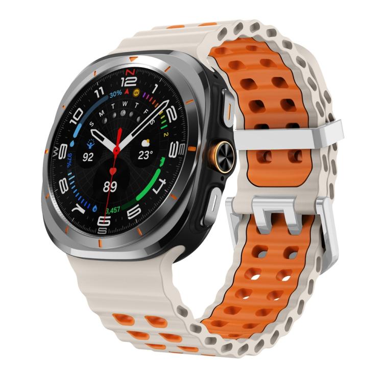 For Samsung Galaxy Watch Ultra / Ultra 2025 Ocean Two Color Dual-Row Hole Silver Buckle Silicone Watch Band(Starlight Orange) by bashfashion