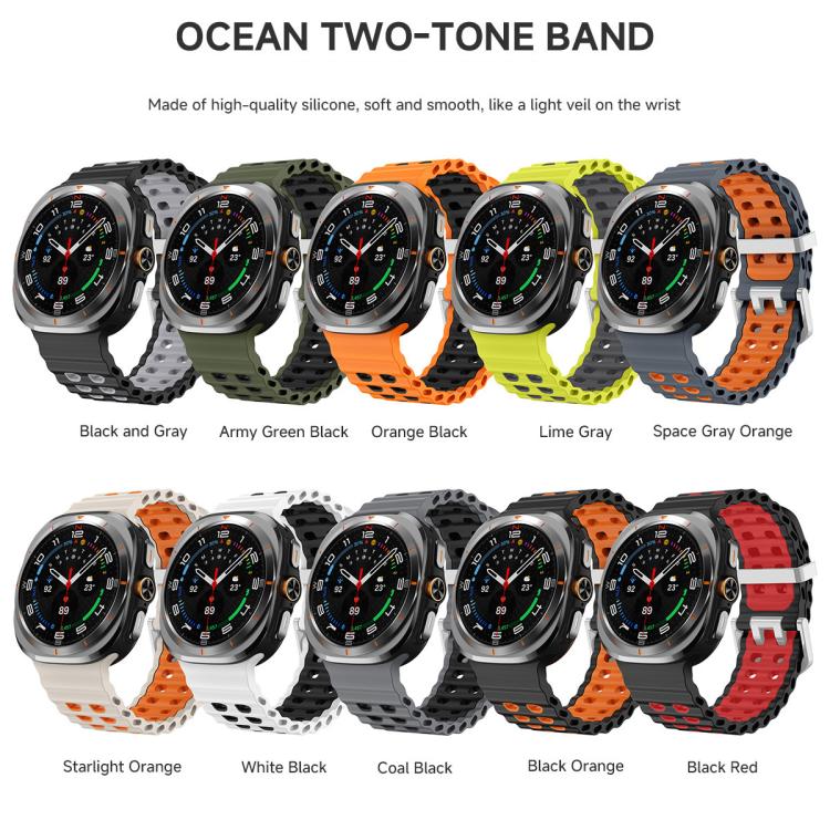 For Samsung Galaxy Watch Ultra / Ultra 2025 Ocean Two Color Dual-Row Hole Silver Buckle Silicone Watch Band(Coal Black) by bashfashion