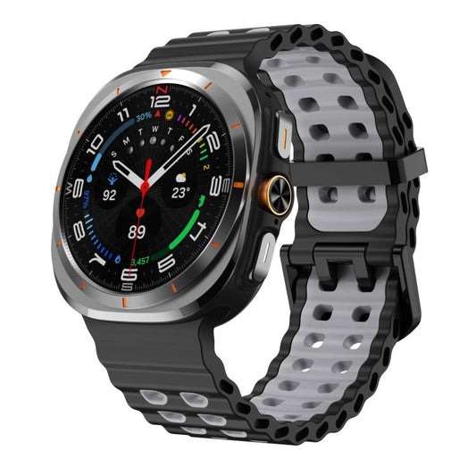 For Samsung Galaxy Watch Ultra 47mm / Ultra 2025 xDfind Black Buckle Ocean Two Color Dual-row Hole Silicone Watch Band(Black Grey) by xDfind
