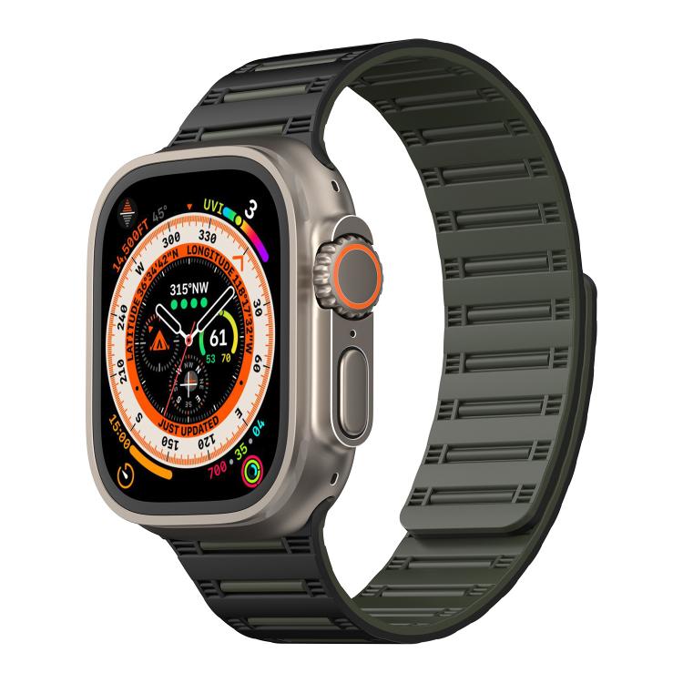 For Apple Watch 46mm / 49mm / 45mm / 44mm Cylinder Magnetic Two-color Loop Silicone Watch Band(Black Army Green) by bashfashion