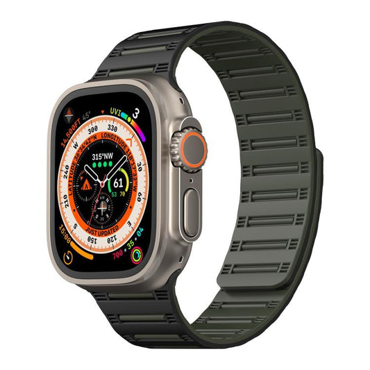 For Apple Watch 46mm / 49mm / 45mm / 44mm Cylinder Magnetic Two-color Loop Silicone Watch Band(Black Army Green) by bashfashion
