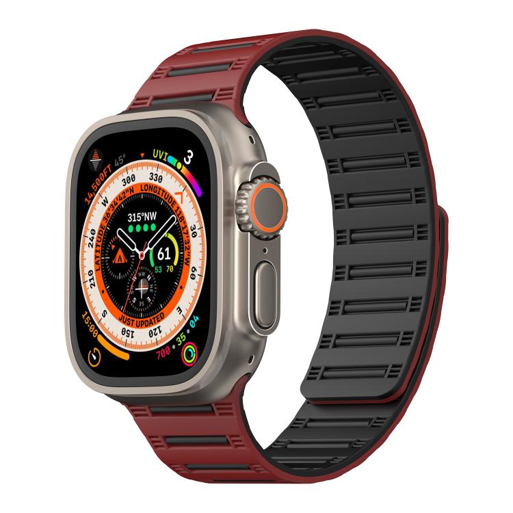 For Apple Watch 46mm / 49mm / 45mm / 44mm Cylinder Magnetic Two-color Loop Silicone Watch Band(Wine Red Black) by bashfashion