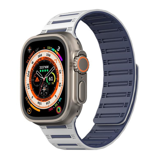 For Apple Watch 46mm / 49mm / 45mm / 44mm Cylinder Magnetic Two-color Loop Silicone Watch Band(White Midnight Blue) by bashfashion