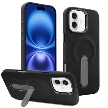 For iPhone 16 VIETAO Suede MagSafe PU Leather Phone Case with Holder(Black) by VIETAO