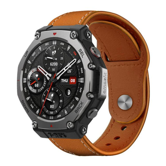 For Amazfit T-Rex 3 xDfind Rivet Buckle Genuine Leather Watch Band(Brown White Thread) by xDfind
