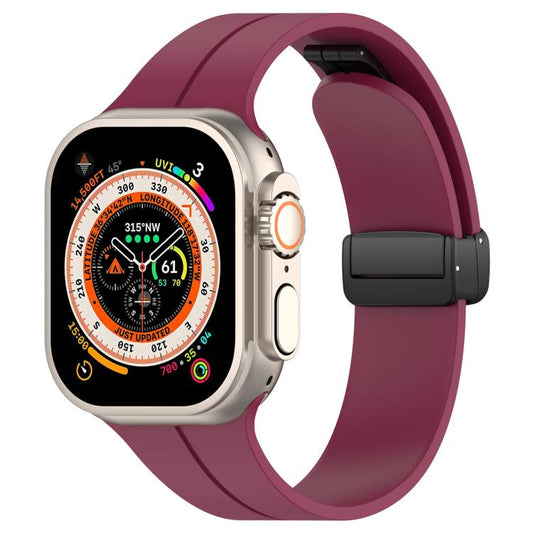 For Apple Watch 42 / 44 / 45 / 46 / 49mm xDfind Flat Head Groove Folding Black Buckle Silicone Watch Band(Wine Red) by xDfind