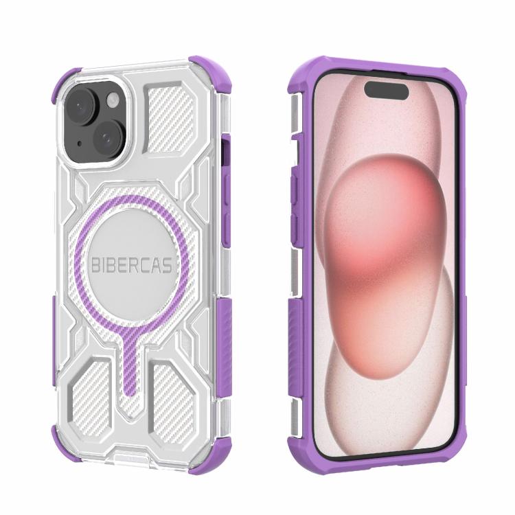 For iPhone 15 BIBERCAS Transparent Color Series MagSafe Air Bag Shockproof Phone Case(Purple) by BIBERCAS