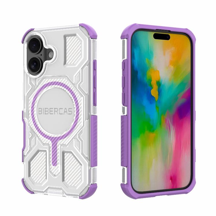 For iPhone 16 BIBERCAS Transparent Color Series MagSafe Air Bag Shockproof Phone Case(Purple) by BIBERCAS