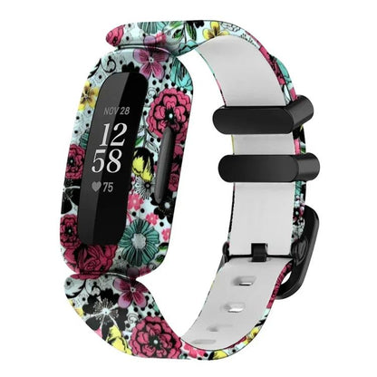 For Fitbit Ace 3 / Inspire2 xDfind Black Buckle Painting Integrated Silicone Watch Band(Classic Flower) by xDfind