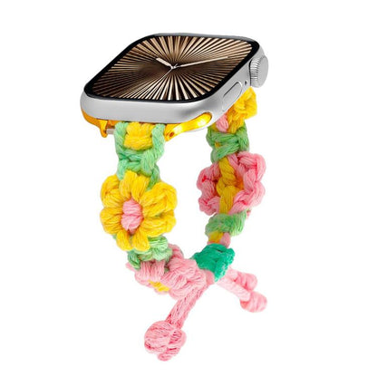 For Apple Watch 46mm / 49mm / 45mm / 44mm Hemp Rope Woven Flowers Drawstring Watch Band(Yellow Pink) by bashfashion