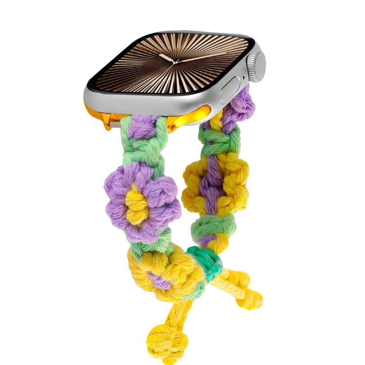 For Apple Watch 46mm / 49mm / 45mm / 44mm Hemp Rope Woven Flowers Drawstring Watch Band(Purple Yellow) by bashfashion