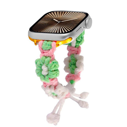 For Apple Watch 42mm / 41mm / 40mm / 38mm Hemp Rope Woven Flowers Drawstring Watch Band(Green White) by bashfashion