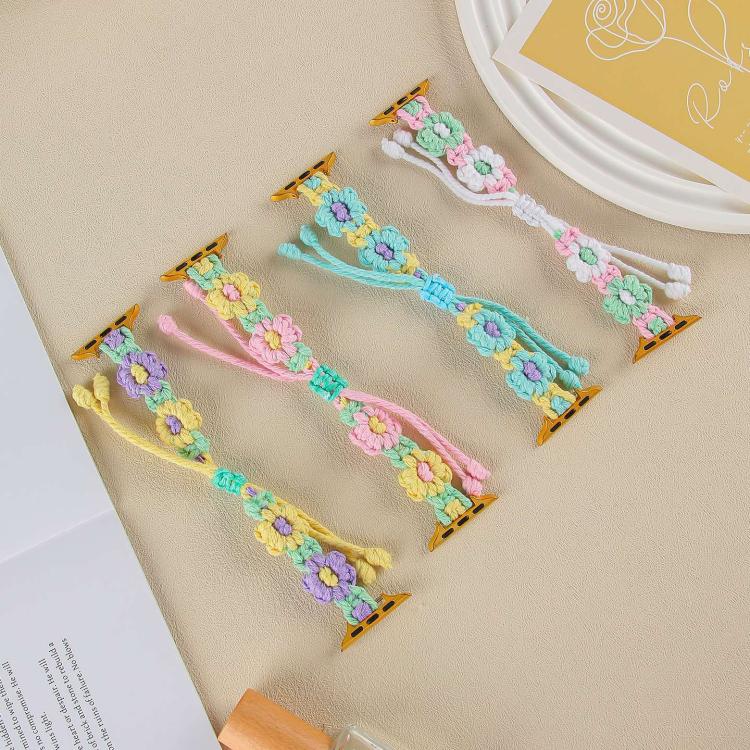 For Apple Watch 46mm / 49mm / 45mm / 44mm Hemp Rope Woven Flowers Drawstring Watch Band(Teal Green) by bashfashion