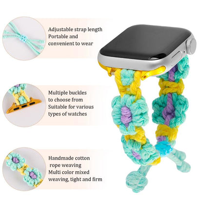 For Apple Watch 42mm / 41mm / 40mm / 38mm Hemp Rope Woven Flowers Drawstring Watch Band(Teal Green) by bashfashion