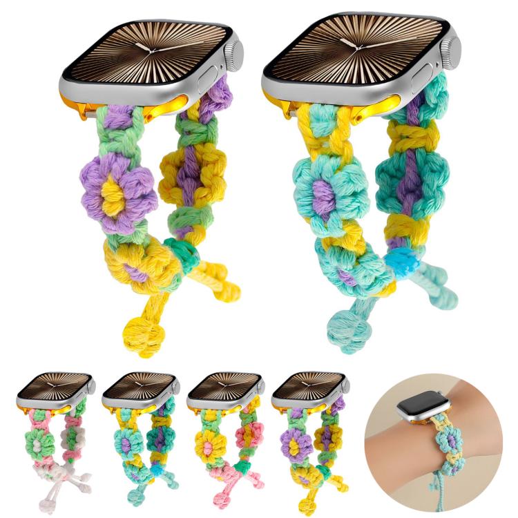 For Apple Watch 46mm / 49mm / 45mm / 44mm Hemp Rope Woven Flowers Drawstring Watch Band(Yellow Pink) by bashfashion