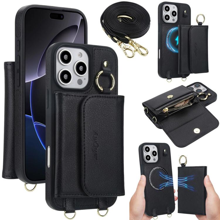 For iPhone 16 Pro Max AwQuer 2 in 1 Crossbody Wallet Leather Back Phone Case(Black) by Awquer