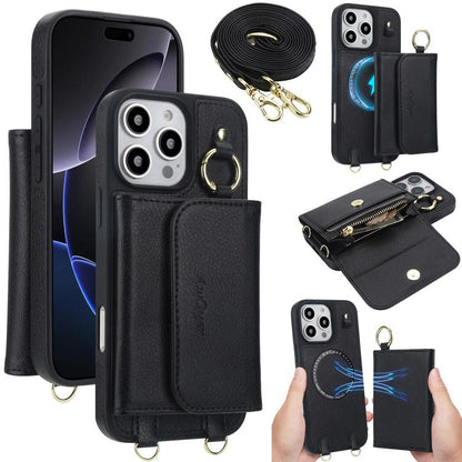 For iPhone 16 Pro Max AwQuer 2 in 1 Crossbody Wallet Leather Back Phone Case(Black) by Awquer