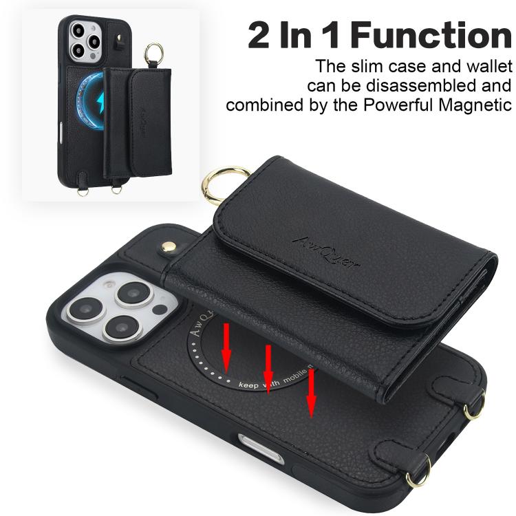 For iPhone 16 Pro Max AwQuer 2 in 1 Crossbody Wallet Leather Back Phone Case(Black) by Awquer