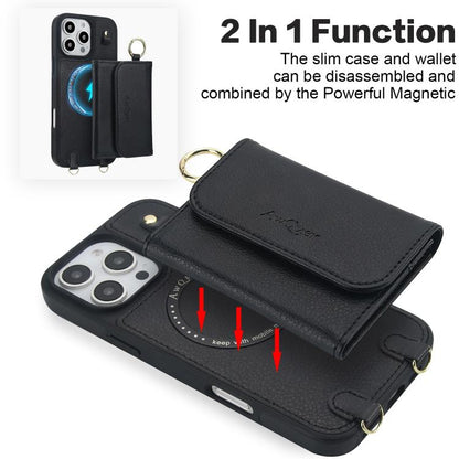 For iPhone 16 Pro Max AwQuer 2 in 1 Crossbody Wallet Leather Back Phone Case(Black) by Awquer