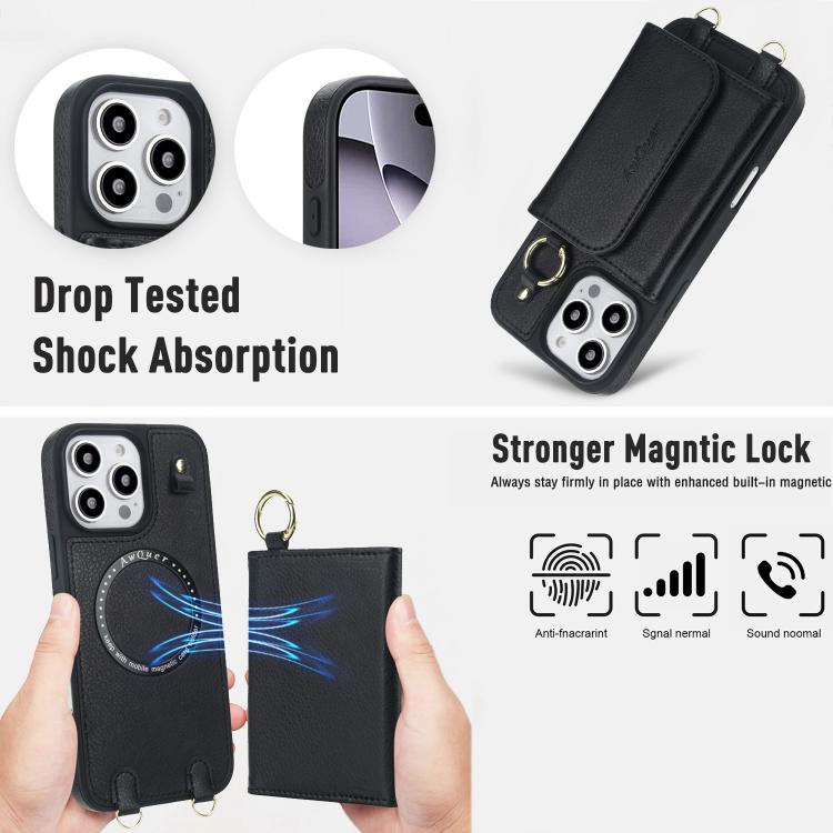 For iPhone 16 Pro Max AwQuer 2 in 1 Crossbody Wallet Leather Back Phone Case(Black) by Awquer