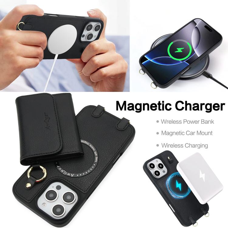 For iPhone 16 Pro Max AwQuer 2 in 1 Crossbody Wallet Leather Back Phone Case(Black) by Awquer