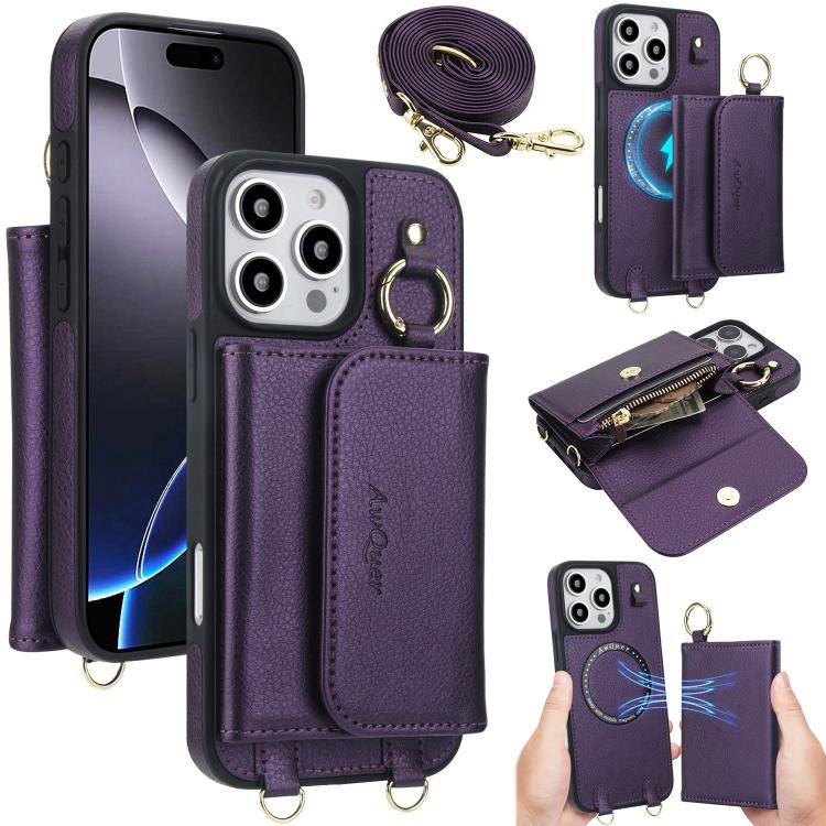 For iPhone 16 Pro AwQuer 2 in 1 Crossbody Wallet Leather Back Phone Case(Dark Purple) by Awquer