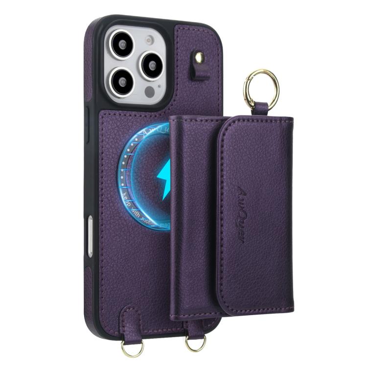 For iPhone 16 Pro AwQuer 2 in 1 Crossbody Wallet Leather Back Phone Case(Dark Purple) by Awquer