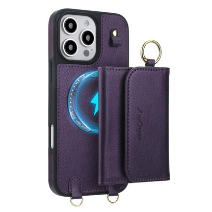 For iPhone 16 Pro AwQuer 2 in 1 Crossbody Wallet Leather Back Phone Case(Dark Purple) by Awquer