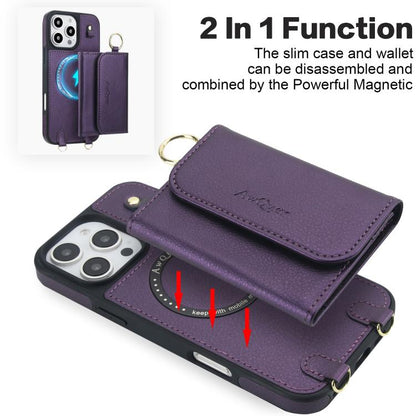 For iPhone 16 Pro AwQuer 2 in 1 Crossbody Wallet Leather Back Phone Case(Dark Purple) by Awquer