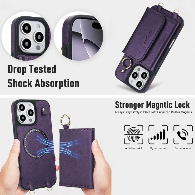 For iPhone 16 Pro AwQuer 2 in 1 Crossbody Wallet Leather Back Phone Case(Dark Purple) by Awquer