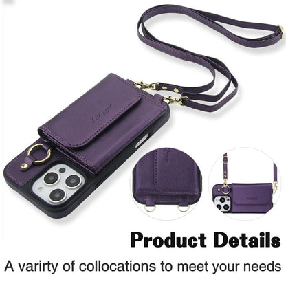For iPhone 16 Pro AwQuer 2 in 1 Crossbody Wallet Leather Back Phone Case(Dark Purple) by Awquer