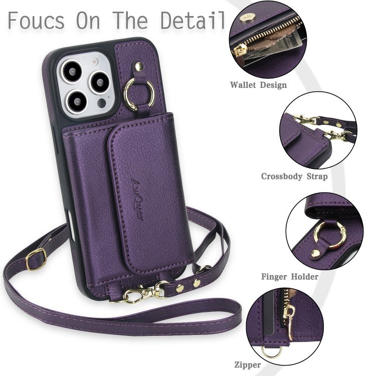 For iPhone 16 Pro AwQuer 2 in 1 Crossbody Wallet Leather Back Phone Case(Dark Purple) by Awquer