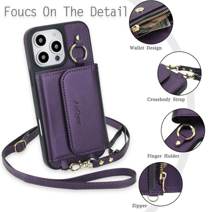 For iPhone 16 Pro AwQuer 2 in 1 Crossbody Wallet Leather Back Phone Case(Dark Purple) by Awquer