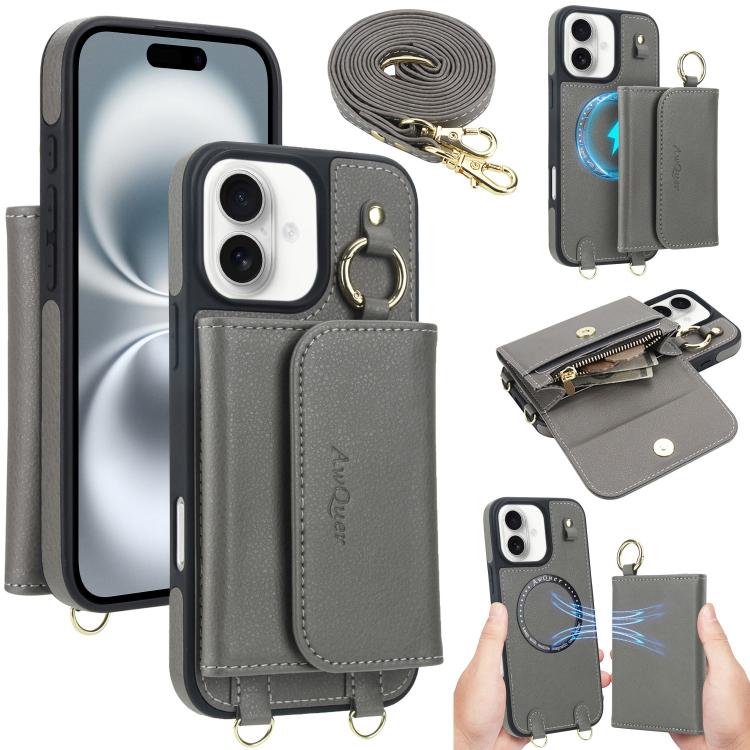 For iPhone 16 Plus AwQuer 2 in 1 Crossbody Wallet Leather Back Phone Case(Grey) by Awquer