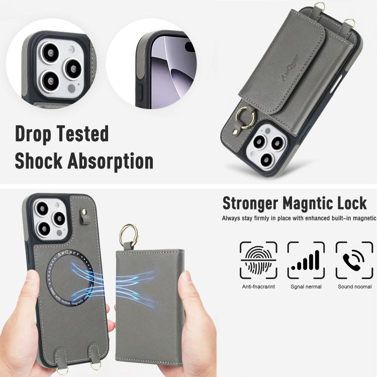 For iPhone 16 Plus AwQuer 2 in 1 Crossbody Wallet Leather Back Phone Case(Grey) by Awquer