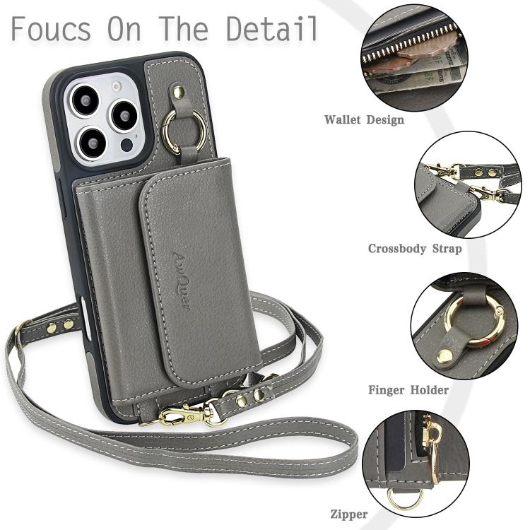 For iPhone 16 Plus AwQuer 2 in 1 Crossbody Wallet Leather Back Phone Case(Grey) by Awquer
