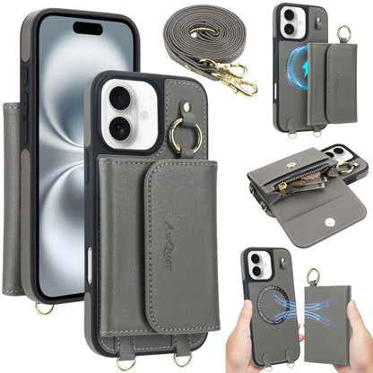 For iPhone 16 AwQuer 2 in 1 Crossbody Wallet Leather Back Phone Case(Grey) by Awquer