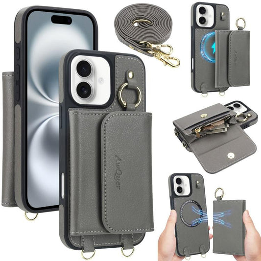 For iPhone 16 AwQuer 2 in 1 Crossbody Wallet Leather Back Phone Case(Grey) by Awquer