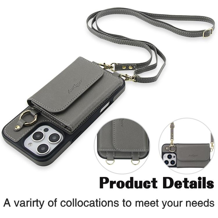For iPhone 16 AwQuer 2 in 1 Crossbody Wallet Leather Back Phone Case(Grey) by Awquer