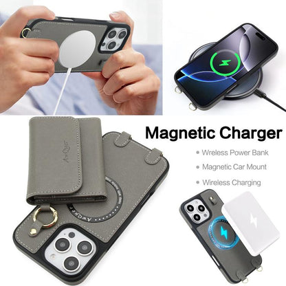 For iPhone 16 AwQuer 2 in 1 Crossbody Wallet Leather Back Phone Case(Grey) by Awquer