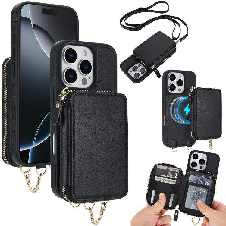 For iPhone 16 Pro Max AwQuer 2 in 1 Crossbody Wallet Leather Back Phone Case(Black) by Awquer