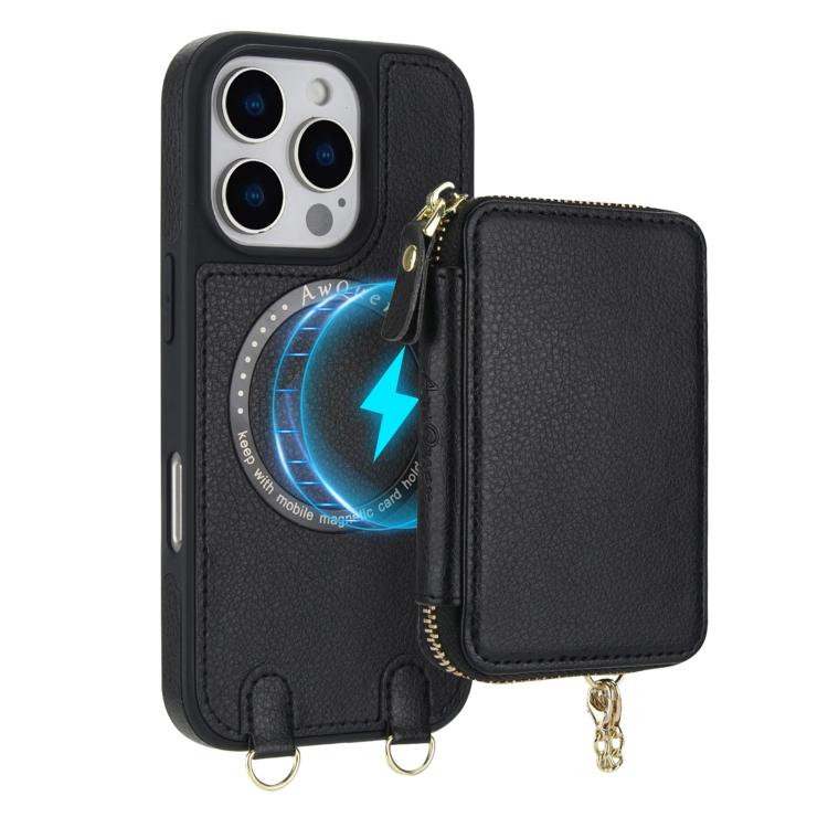 For iPhone 16 Pro Max AwQuer 2 in 1 Crossbody Wallet Leather Back Phone Case(Black) by Awquer