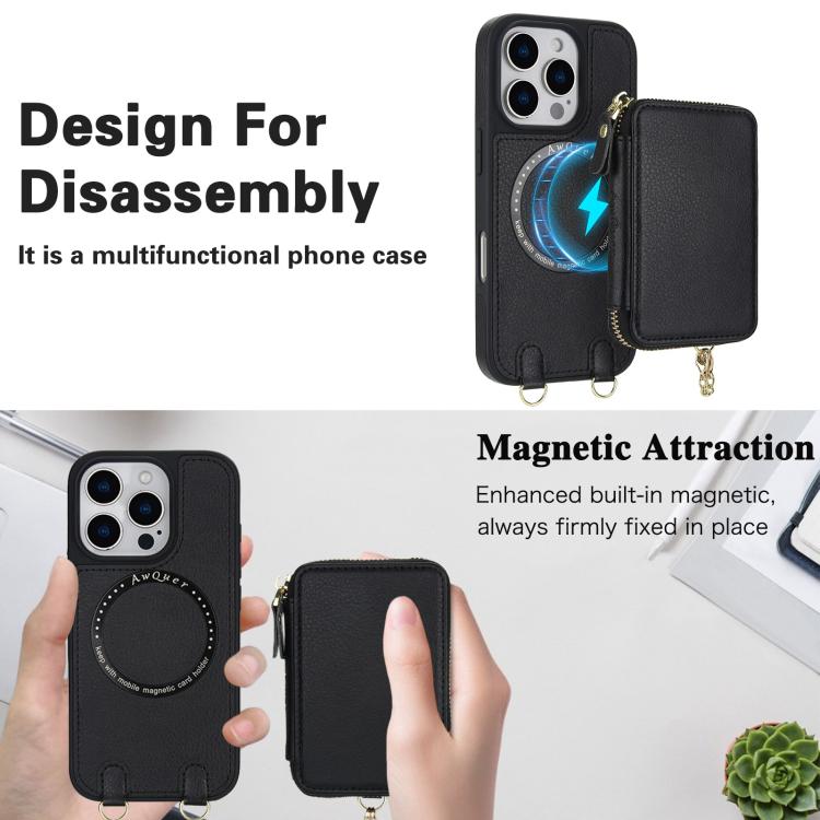 For iPhone 16 Pro Max AwQuer 2 in 1 Crossbody Wallet Leather Back Phone Case(Black) by Awquer