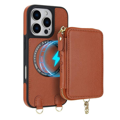 For iPhone 16 Pro AwQuer 2 in 1 Crossbody Wallet Leather Back Phone Case(Brown) by Awquer